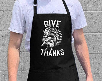 Give Thanks Turkey Apron / Funny Thanksgiving Chef Apron for Dad & Grandpa / Large 1 Size Fits All with Adjustable Neck