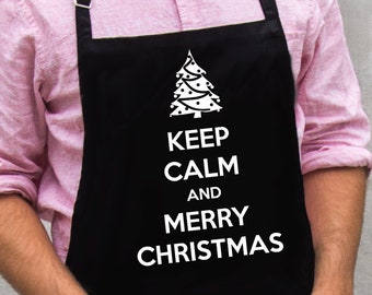 Keep Calm and Merry Christmas Apron / Large One Size Fits All Apron for Dad or Grandpa / Adjustable Neck and Waist Ties