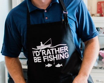 I'd Rather Be Fishing / Funny BBQ Grilling Apron / Apron for Men, Dad & Grandpa / Large 1 Size Fits All  / Adjustable / Stocking Stuffer Men