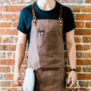 Premium Waxed Canvas Barista Apron Genuine Leather Straps & Accents Hickory Brown Work Apron with Towel Holder for Coffee Shops image 2