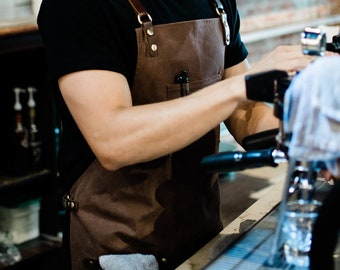 Premium Waxed Canvas Barista Apron - Genuine Leather Straps & Accents - Hickory Brown - Work Apron with Towel Holder for Coffee Shops