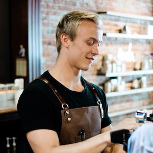 Premium Waxed Canvas Barista Apron - Genuine Leather Straps & Accents - Hickory Brown - Work Apron with Towel Holder for Coffee Shops