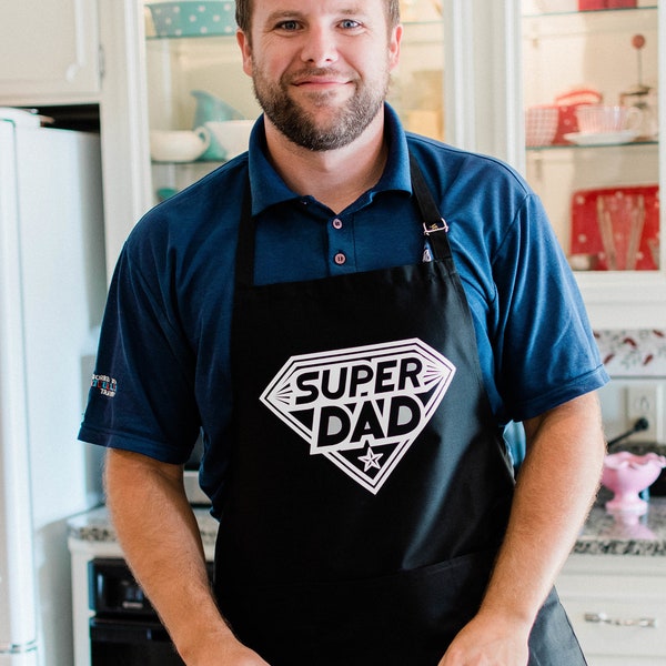 Super Dad Apron / Funny BBQ Grilling Gift for Fathers - Dad & Grandpa / Large 1 Size Fits All with Adjustable Neck / Superhero