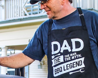 Dad: The Man, The Myth, The BBQ Legend - Funny BBQ Grilling Apron for Dad or Grandpa - 1 Size Fits All w/ Adjustable Neck & Long Waist Ties