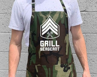 Grill Sergeant Apron / Funny BBQ Grilling Gift / Fathers - Dad & Grandpa / Large 1 Size Fits All with Adjustable Neck Strap / Army