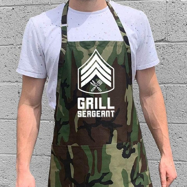 Grill Sergeant Apron / Funny BBQ Grilling Gift / Fathers - Dad & Grandpa / Large 1 Size Fits All with Adjustable Neck Strap / Army