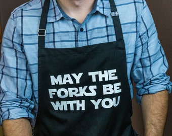 May the Forks Be With You Apron / Large 1 Size Fits All with Adjustable Neck & Long Waist Ties / Funny BBQ Grilling Cook Apron