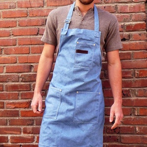 Soft Blue Denim Work Apron / Comfort Fit Neck & Long Waist Ties / Thick 10oz 100% Cotton Fabric with Stainless Steel Hardware and Adjuster