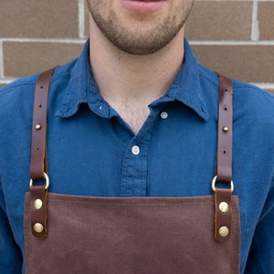 Premium Waxed Canvas Barista Apron Genuine Leather Straps & Accents Hickory Brown Work Apron with Towel Holder for Coffee Shops image 5