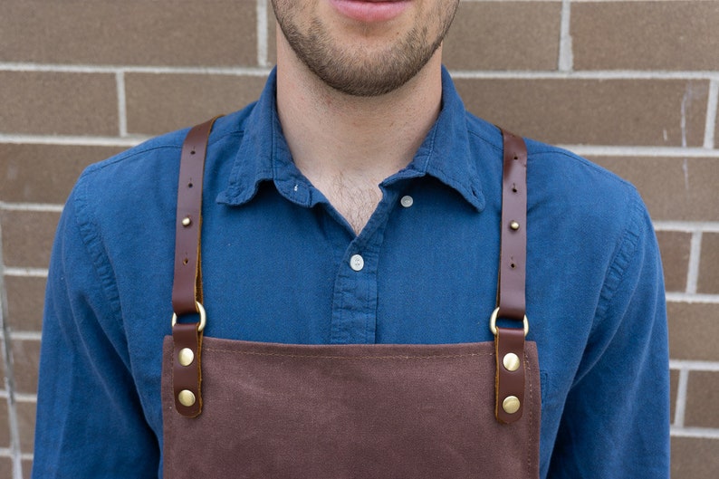 Premium Waxed Canvas Barista Apron Genuine Leather Straps & Accents Hickory Brown Work Apron with Towel Holder for Coffee Shops image 5