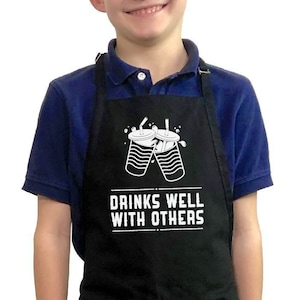 Drinks Well With Others - Kids Apron / Funny BBQ Grilling Apron / 1 Size Fits All - Adjustable Neck