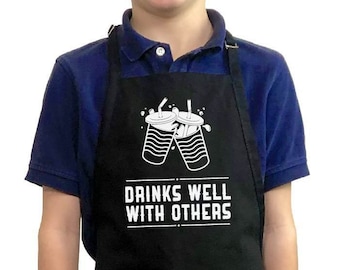 Drinks Well With Others - Kids Apron / Funny BBQ Grilling Apron / 1 Size Fits All - Adjustable Neck