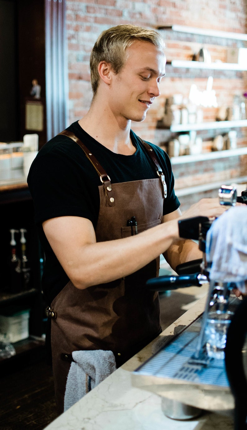 Premium Waxed Canvas Barista Apron Genuine Leather Straps & Accents Hickory Brown Work Apron with Towel Holder for Coffee Shops image 1