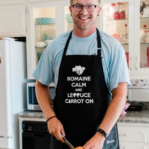 Romaine Calm and Lettuce Carrot On - Apron / Funny BBQ Grilling Gift / Keep Calm Meme / Large 1 Size Fits All Apron with Adjustable Neck