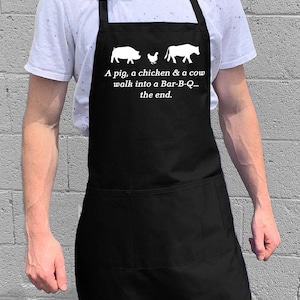 En gris, en kyckling och en ko går in på en grillfest… Slutet / Grill- och kökspresent till män, pappa eller morfar / 100 % bomull / Stor 1 storlek passar alla