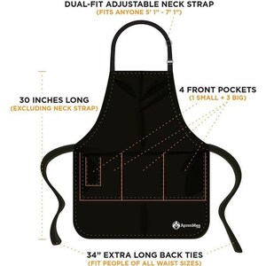 May include: Black adjustable apron with four pockets, 30 inches long, and 34 inch extra long back ties.  The apron has a dual-fit adjustable neck strap.  The text on the apron reads "ApronMen".