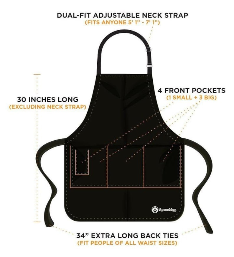 May include: Black adjustable apron with four pockets, 30 inches long, and 34 inch extra long back ties.  The apron has a dual-fit adjustable neck strap.  The text on the apron reads "ApronMen".