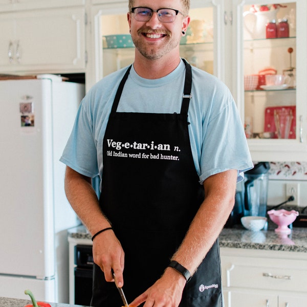 Vegetarian - Old Indian Word for Bad Hunter / Funny BBQ Grilling Apron for Dad & Grandpa / Large One Size Fits All with Adjustable Neck