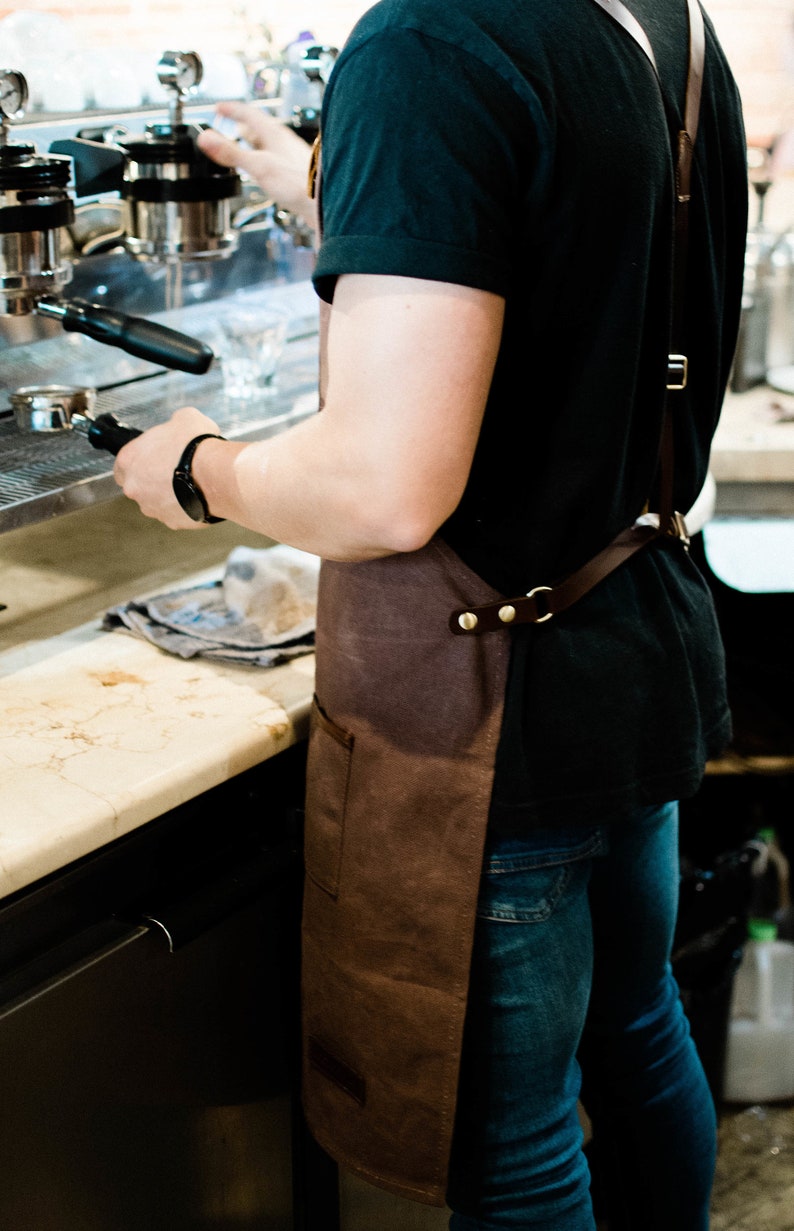 Premium Waxed Canvas Barista Apron Genuine Leather Straps & Accents Hickory Brown Work Apron with Towel Holder for Coffee Shops image 4