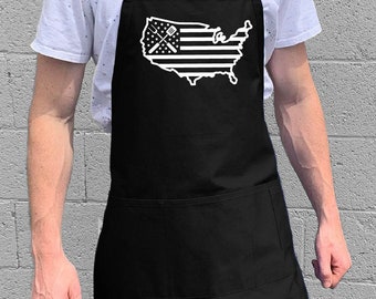 USA BBQ Flag / BBQ & Kitchen Gift for Men, Dad or Grandpa / 100% Cotton / Large 1 Size Fits All with Adjustable Neck