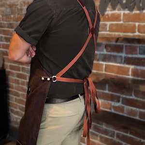 Premium Waxed Canvas Barista Apron Genuine Leather Straps & Accents Hickory Brown Work Apron with Towel Holder for Coffee Shops image 9