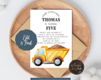 Editable Dump Truck Birthday Invitation