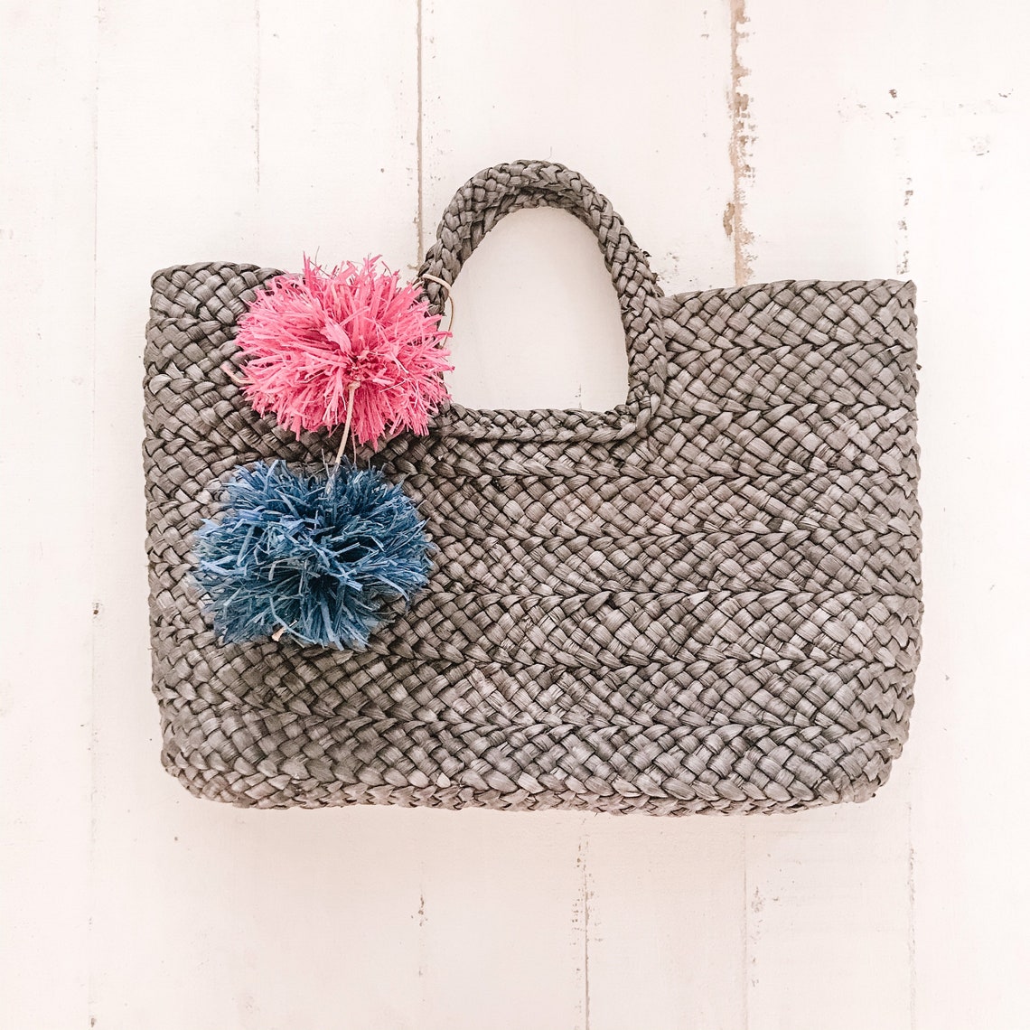 Straw tote bag raffia pom pom pom poms bohemian straw bag Etsy