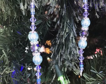 Blue and pearl glass bead icicle ornaments, Set of 6, suncatcher, Christmas ornament, Holiday decoration