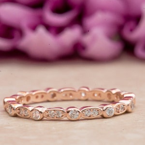 Art Deco Wedding Band, Eternity Band, Stackable Ring, Marquise & Dot Ring, Rose Gold Plated, Diamond Simulants, Sterling Silver