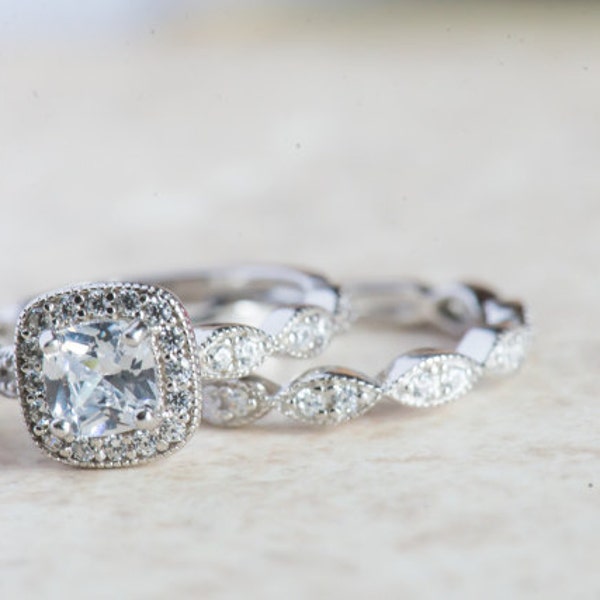 Wedding Ring Set, Art Deco Engagment Ring, Cushion Cut Ring, Vintage Inspired Engagement Ring, Diamond Simulants, Sterling Silver