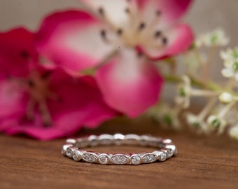 Art Deco Wedding Band, Eternity Band, Stackable Ring, Marquise & Dot Ring, Diamond Simulants, Sterling Silver