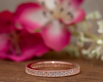 Eternity Ring, Eternity Band, Wedding Band, Rose Gold Plated, Diamond Simulants, Sterling Silver Ring