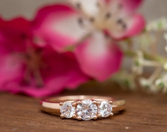 Round 3 Stone Engagement Ring, Anniversary Ring, Promise Ring, Rose Gold Plated, Diamond Simulants, Sterling Silver