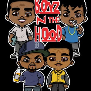 Op de afbeelding: Vier cartoonfiguren, geïnspireerd door de film Boyz N the Hood, zijn afgebeeld in een kleurrijke illustratie. De personages dragen casual kleding en hebben verschillende gezichtsuitdrukkingen. De titel "Boyz N the Hood" is geschreven in vetgedrukte rode letters.