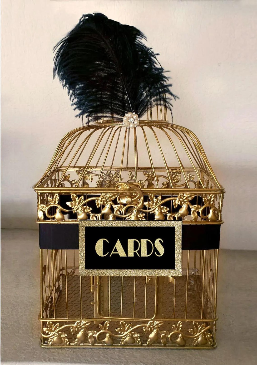Large Great Gatsby Wedding Card Holder, Gold Bird Cage With Black ...