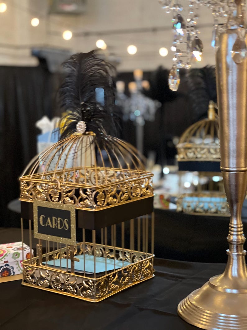 Large Great Gatsby Wedding Card Holder, Gold Bird Cage With Black ...