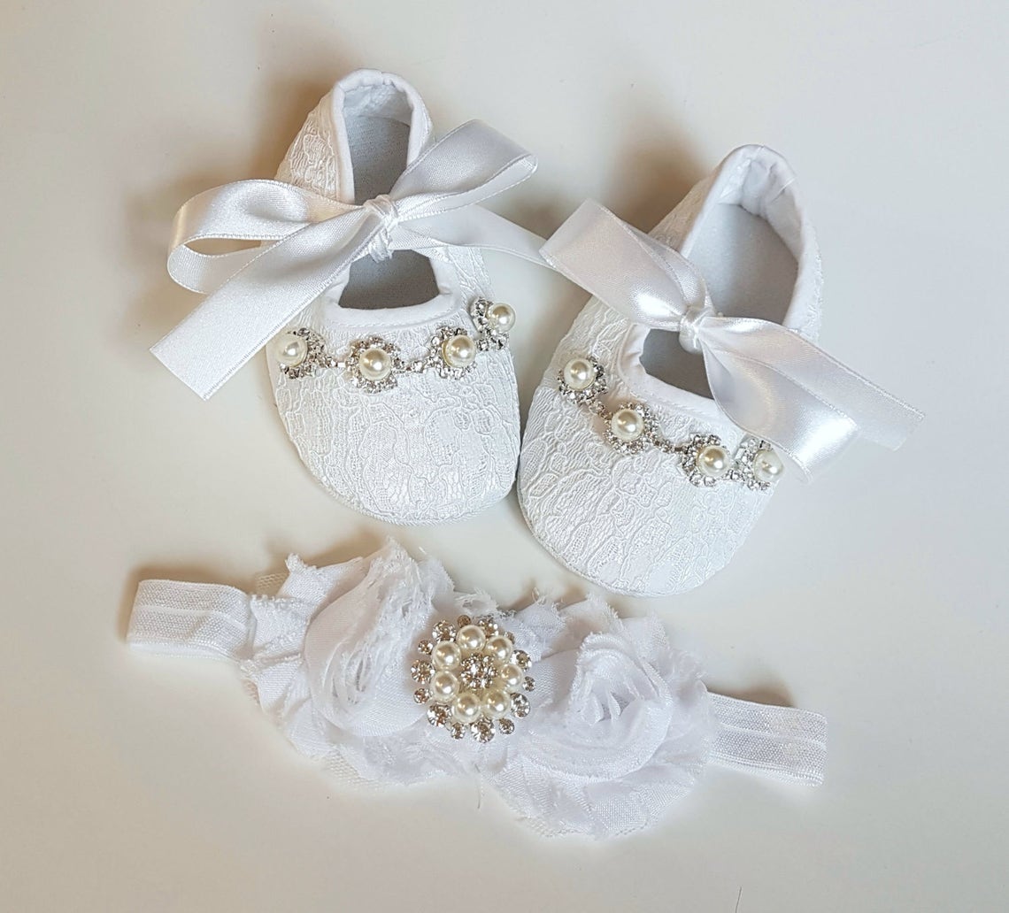 White Baby Christening Shoes and Headband Set Crib Shoes | Etsy