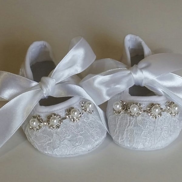 Baby Crib Shoes w Pearls, Christening Shoes, Baby Shoes,  Flower Girl