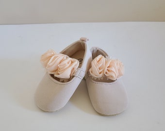 Beige Velvet Baby Shoes,  Flower Girl