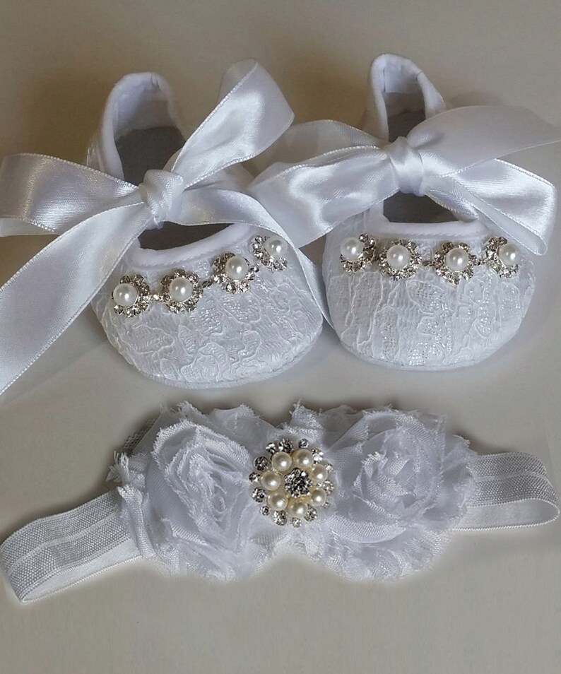 White Baby Christening Shoes and Headband Set Crib Shoes Etsy