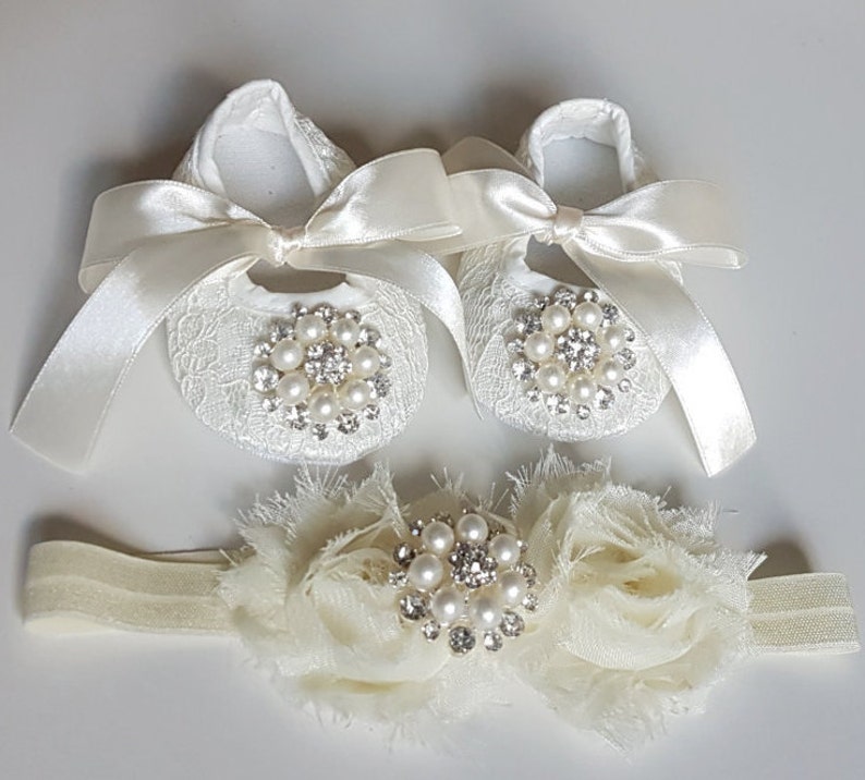 Baby Crib Shoes and Headband, Christening Shoes image 1