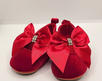 Bling Holiday Red Velvet Baby Shoes,  Deep Red Christmas Shoes, Flower Girl Shoes