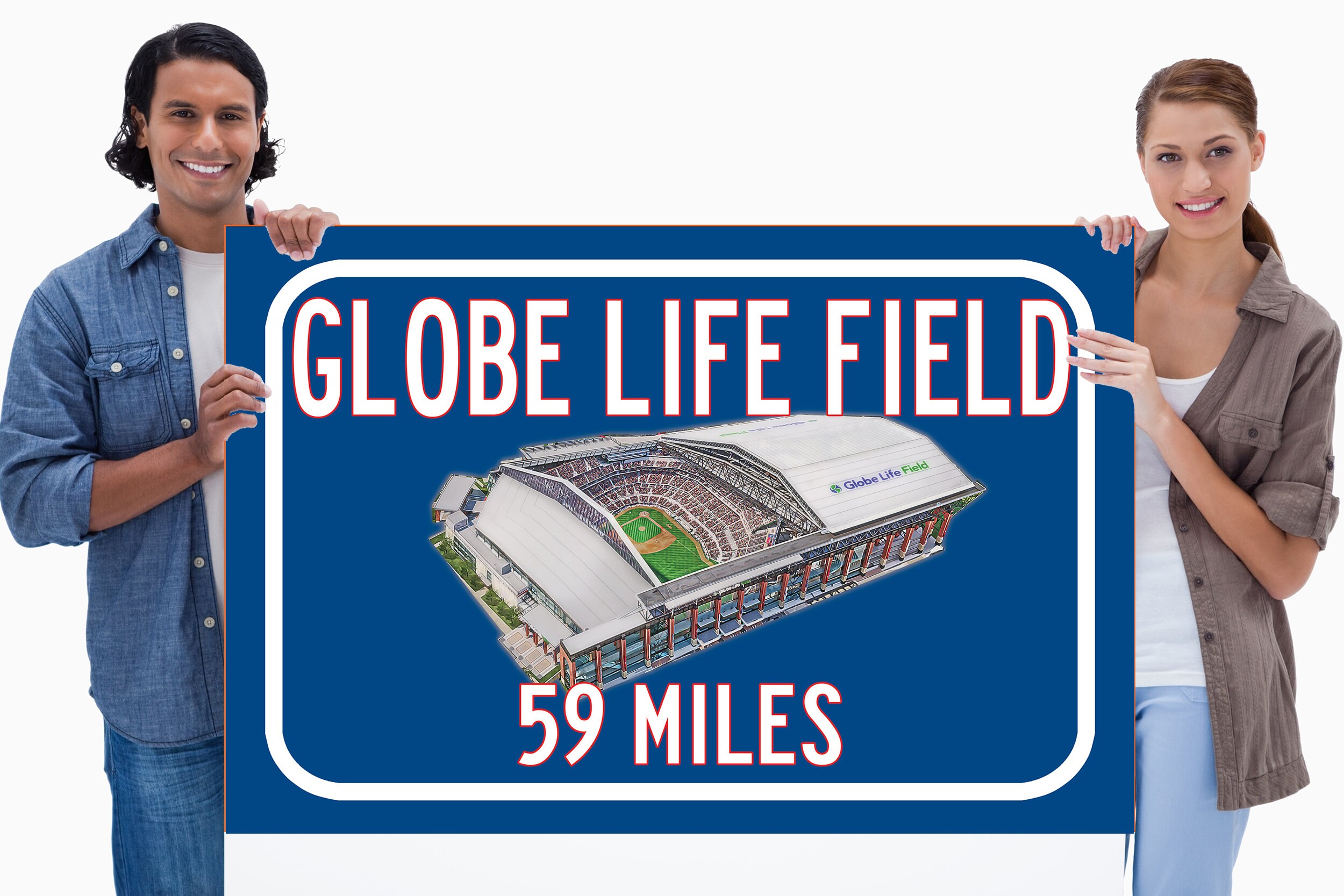 Texas Rangers Globe Life Field – Miles to Stadium Highway Road Sign Customize