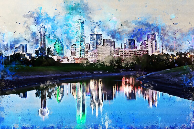 Dallas skyline watercolor TX canvas watercolor Dallas Etsy