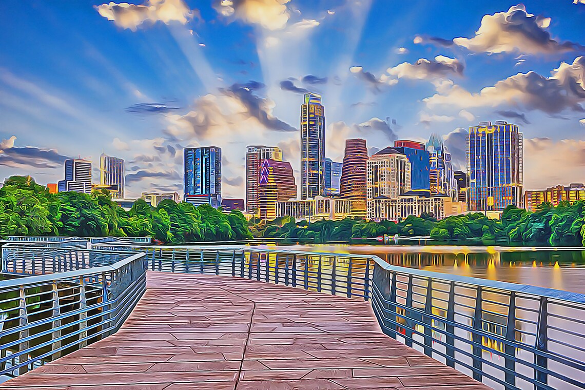 Austin Texas watercolor digital oil painting skyline canva Etsy