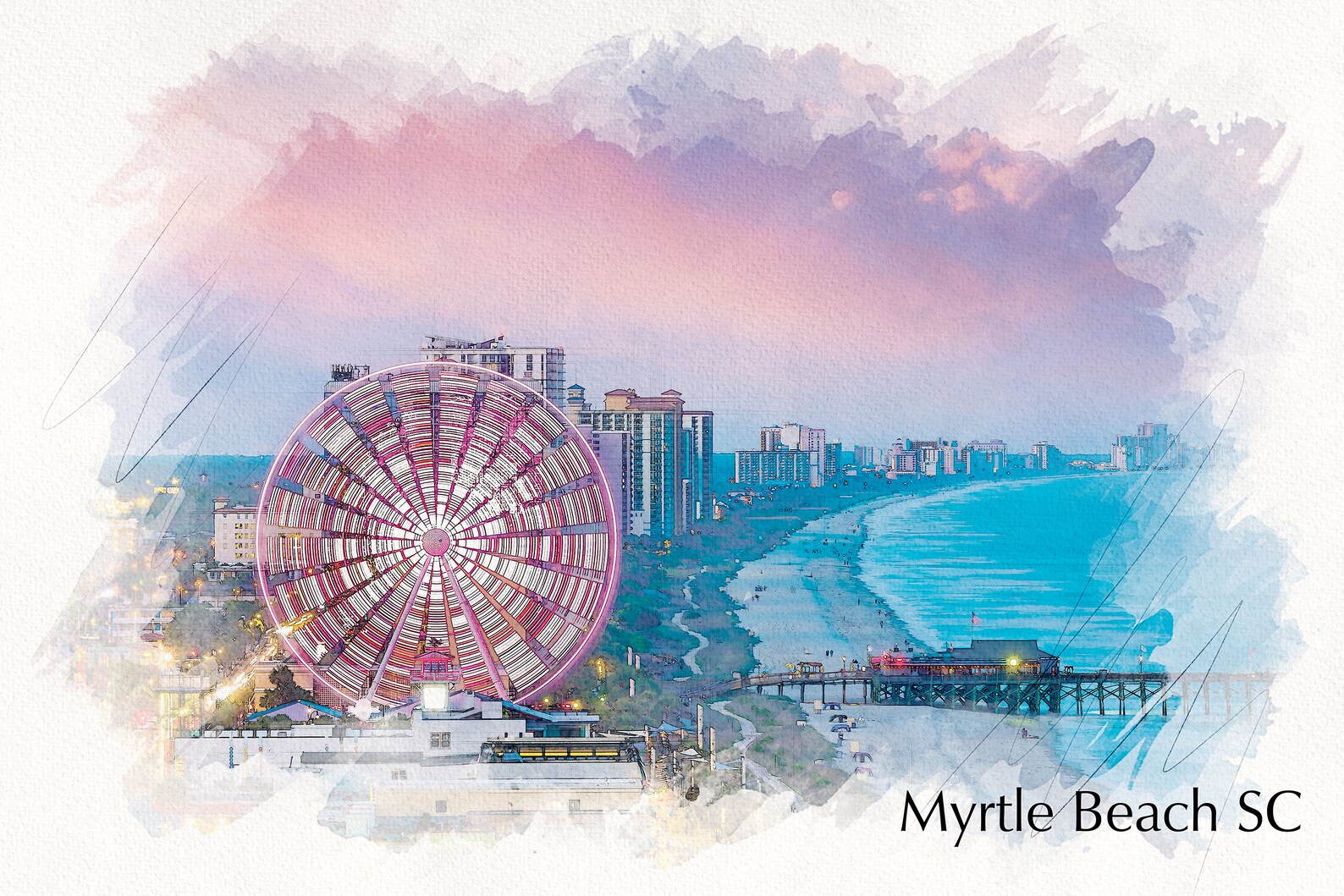 Myrtle Beach Sketch Watercolor Myrtle Beach Wheel Canvas Etsy