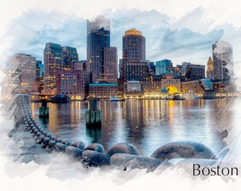 Boston Skyline Abstract Watercolor Painting Art Print by Artist DJ Rogers 