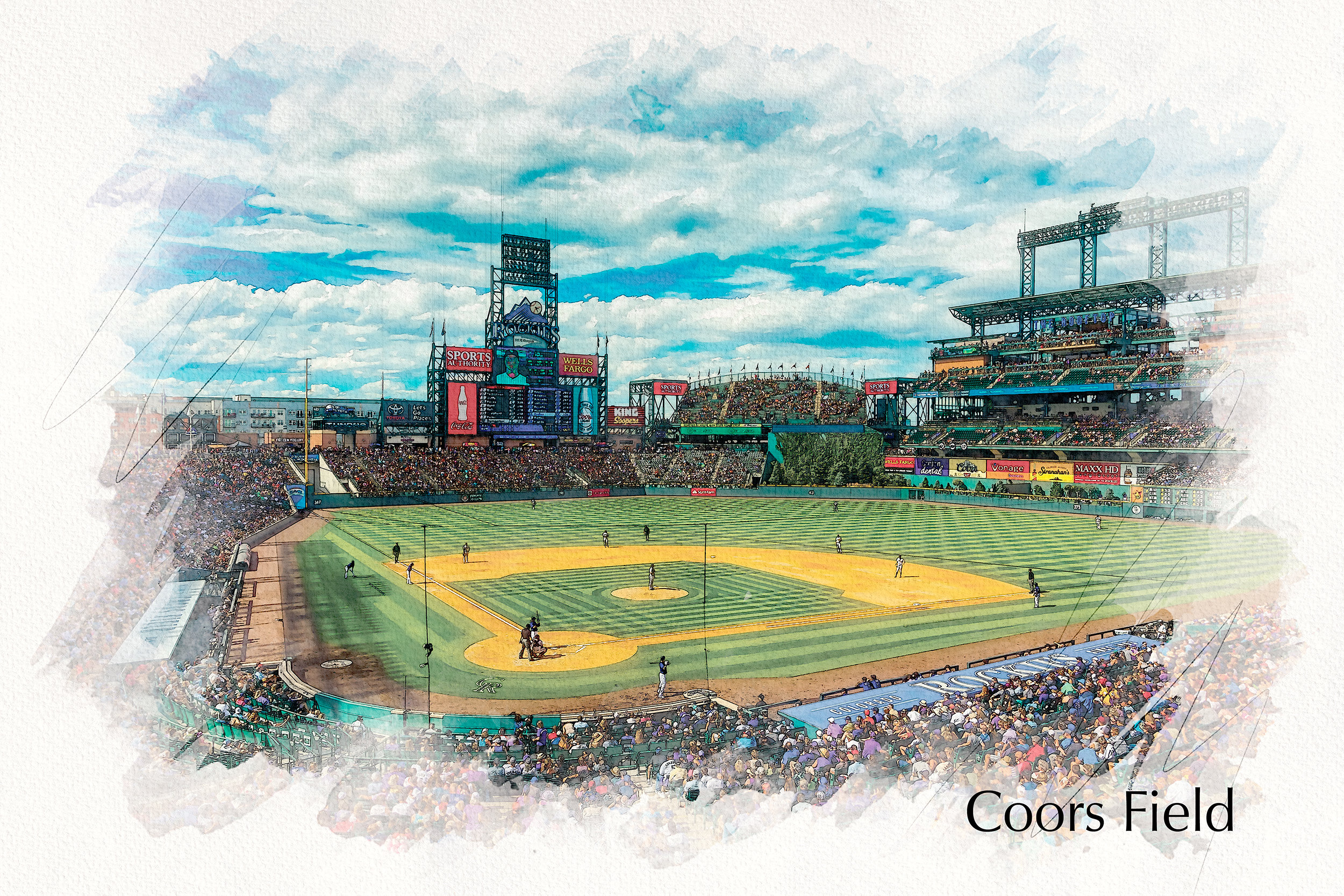 Coors Field sketch watercolor Printed on Canvas, Denver skyline, Colorado Rocki