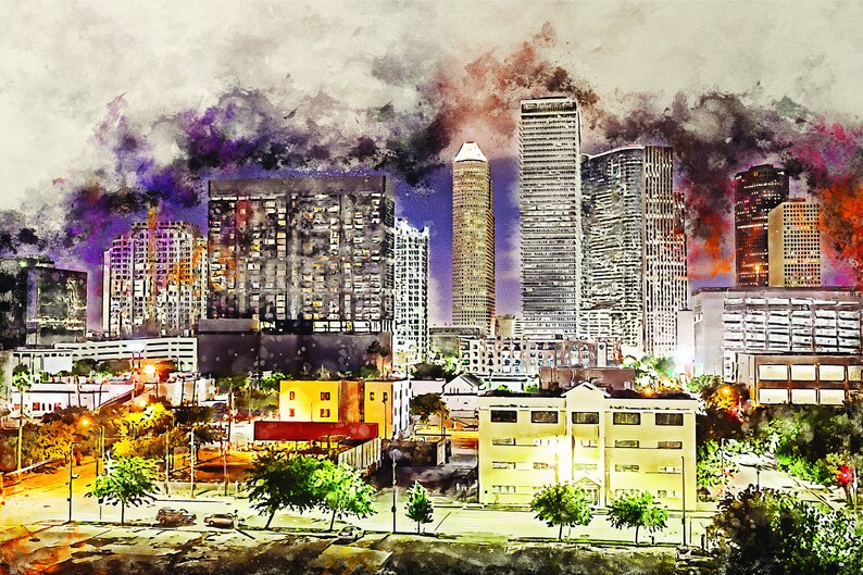 Houston watercolor TX skyline at dusk Printed on Canvas Etsy