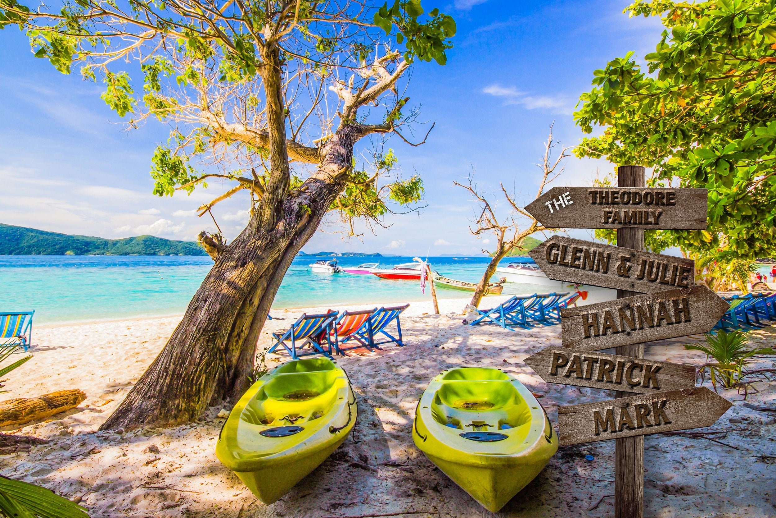 Personalized names canvas, kayaks on beach custom canvas, Color or Black and wh